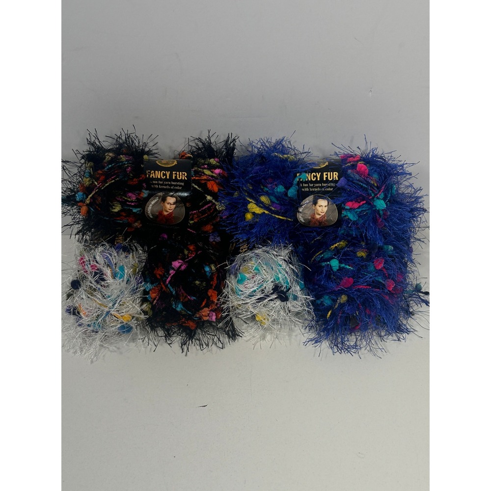 Lion Brand Fancy Fur Yarn Lot 6 Skeins Brilliant Blue Electric Slide Wild White